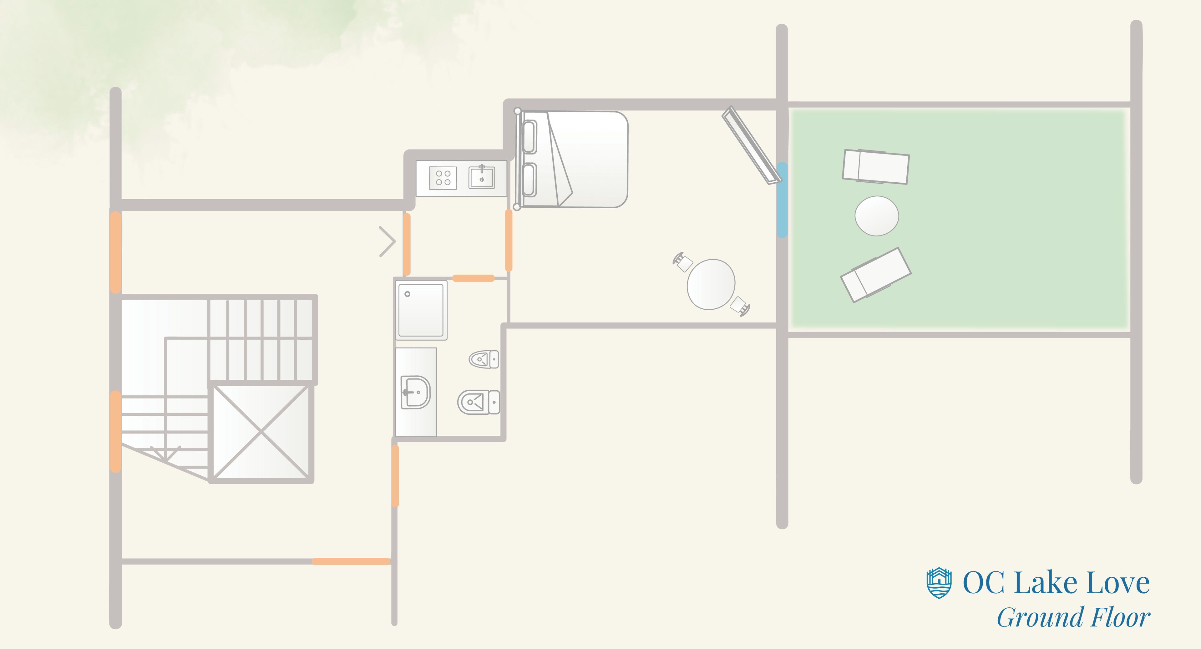 A ground floor layout of a hotel with a kitchen, dining area, and a small outdoor space.