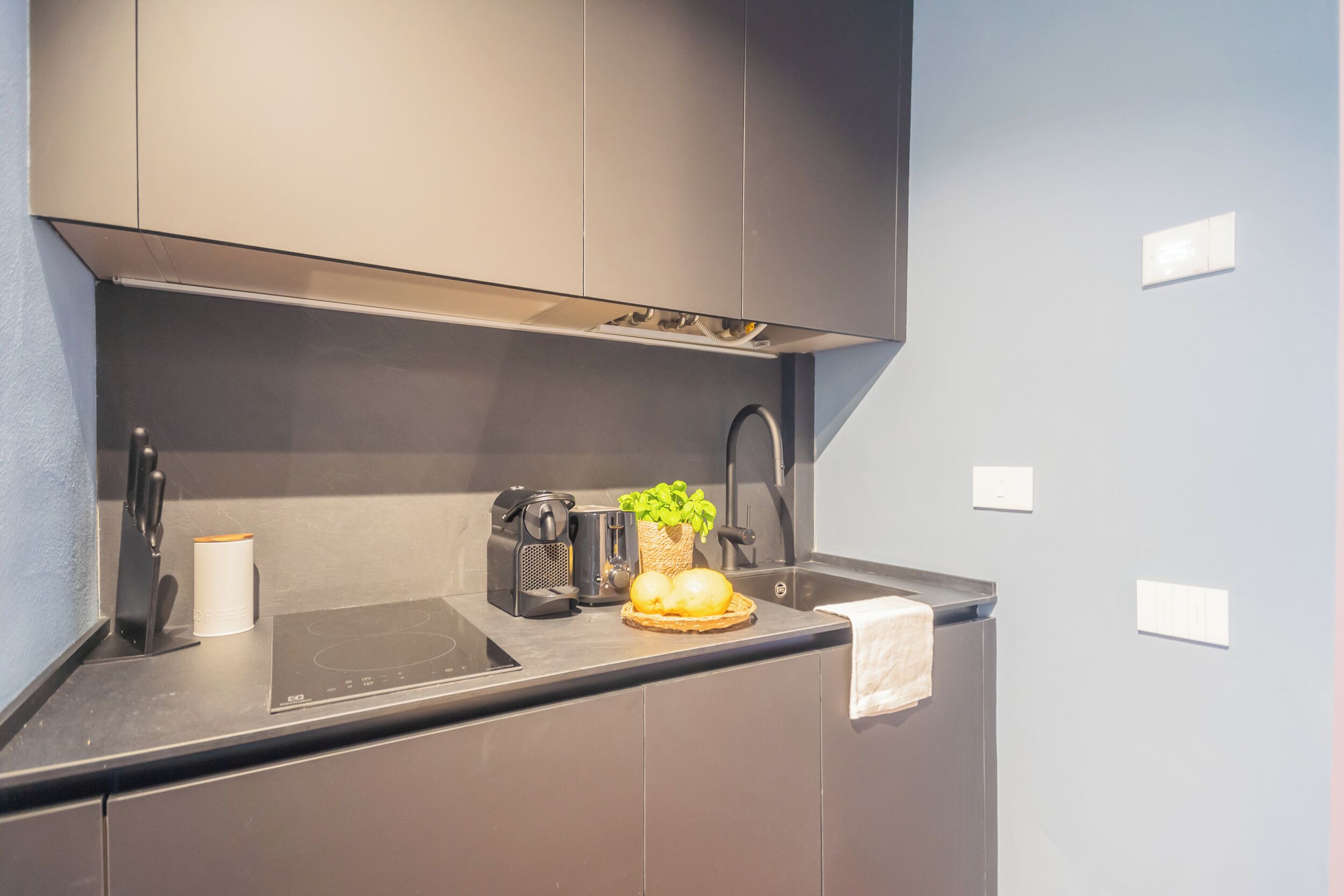 Een moderne keuken met een ingebouwde kookplaat, koffiezetapparaat en een spoelbak.