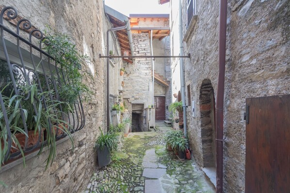 Explore historic charm in this narrow, stone-paved alleyway lined with potted plants and an entrance.