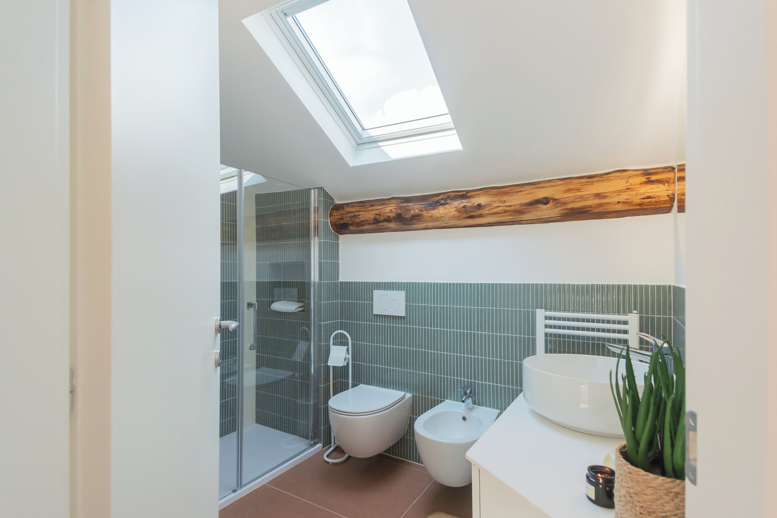 Een moderne badkamer met dakraam, een douchecabine van glas, toilet, bidet en een wastafel met een plant.