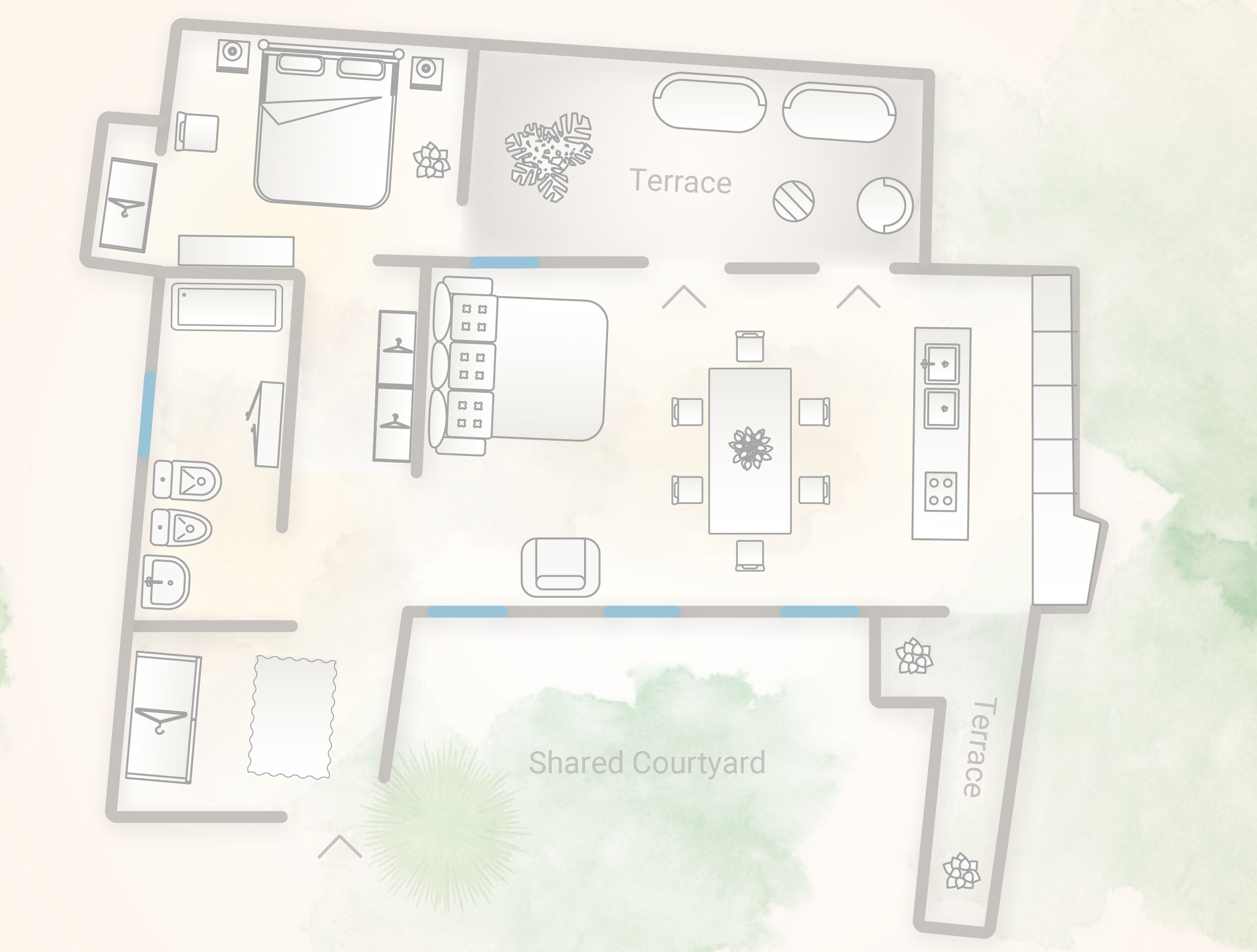 A hotel layout with a terrace, shared courtyard, and various rooms including a dining area and a kitchen.