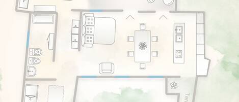 A hotel layout with a terrace, shared courtyard, and various rooms including a dining area and a kitchen.