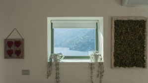 Una ventana con vista a un lago y montañas, un aire acondicionado instalado en la pared, y una obra de arte enmarcada con corazones rojos.