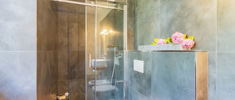 A modern bathroom with a glass-enclosed shower, a toilet, and a sink.