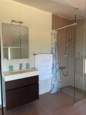 Shower, jetted tub, hair dryer, towels