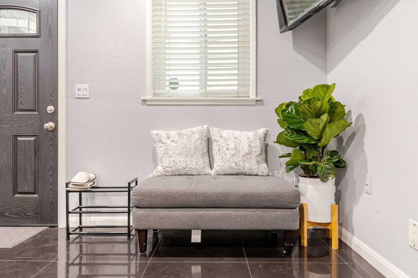 A room with a grey sofa, two pillows, a potted plant, and a door.