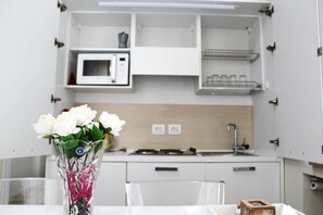 Kjøleskap, mikrobølgeovn, kokeplater og kaffetrakter/tekoker