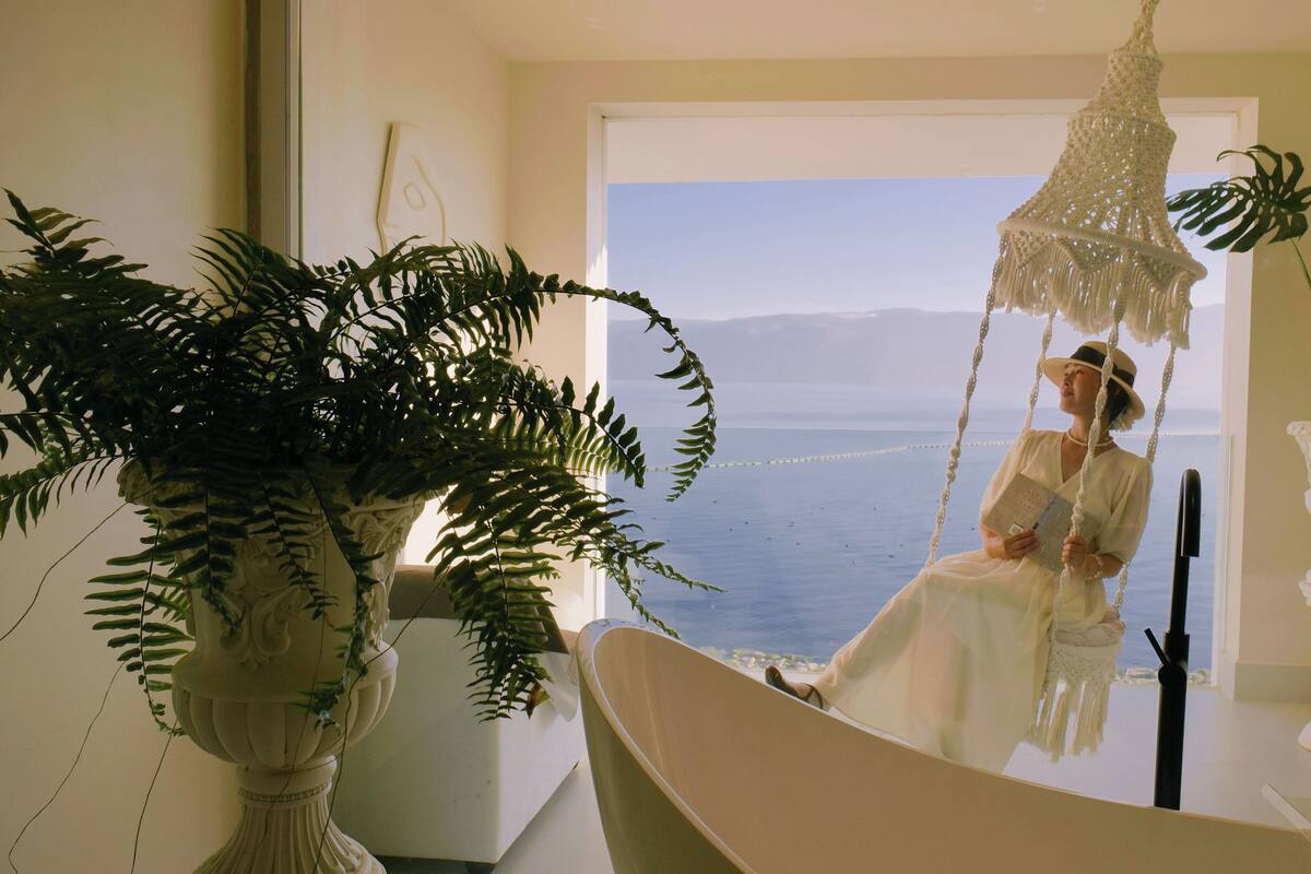A room with a view of the sea, a hanging chair, and a potted plant.