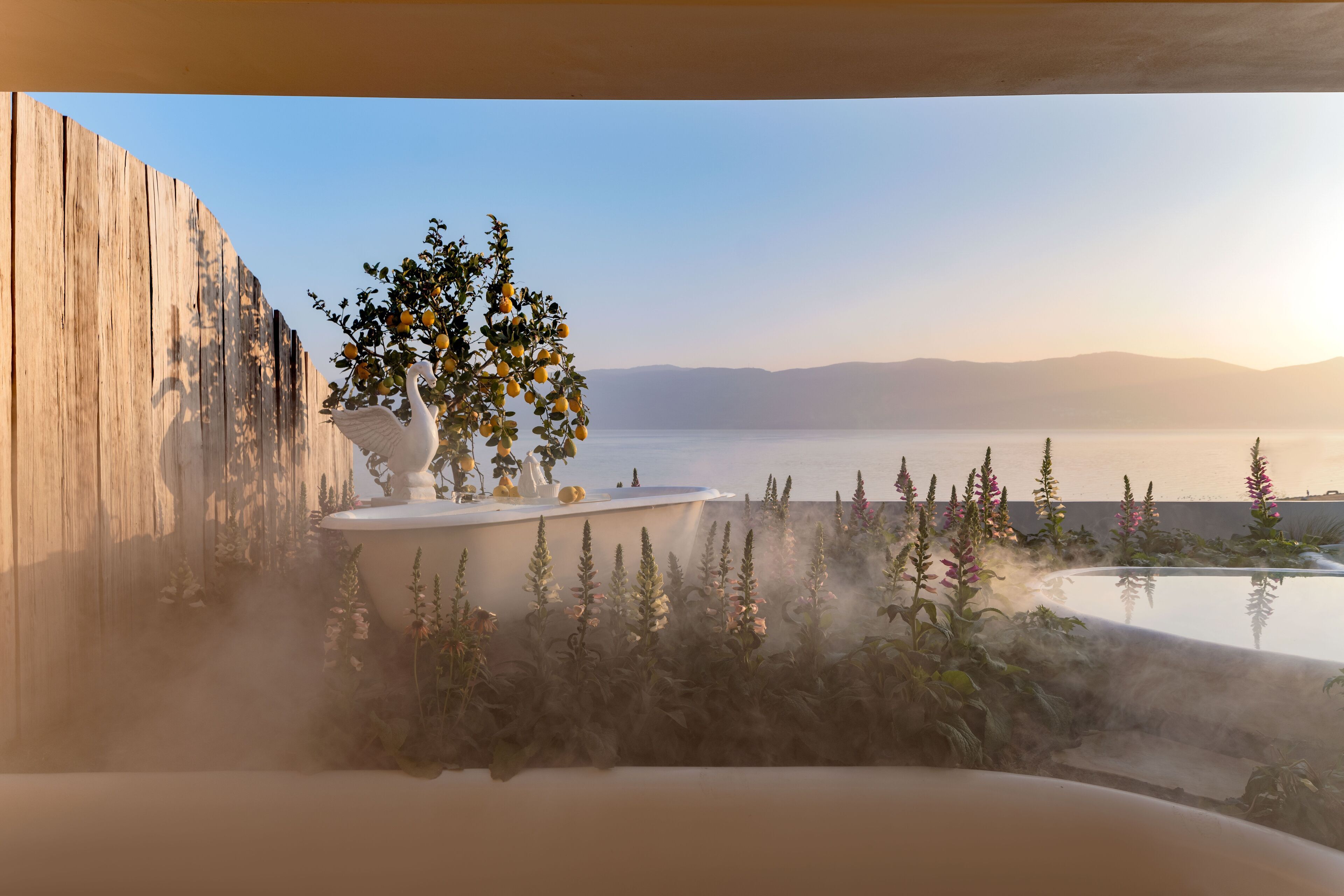 Un entorno exterior tranquilo con un muro de madera, una maceta blanca con un árbol y flores amarillas, y una vista de una masa de agua calmada con montañas al fondo.