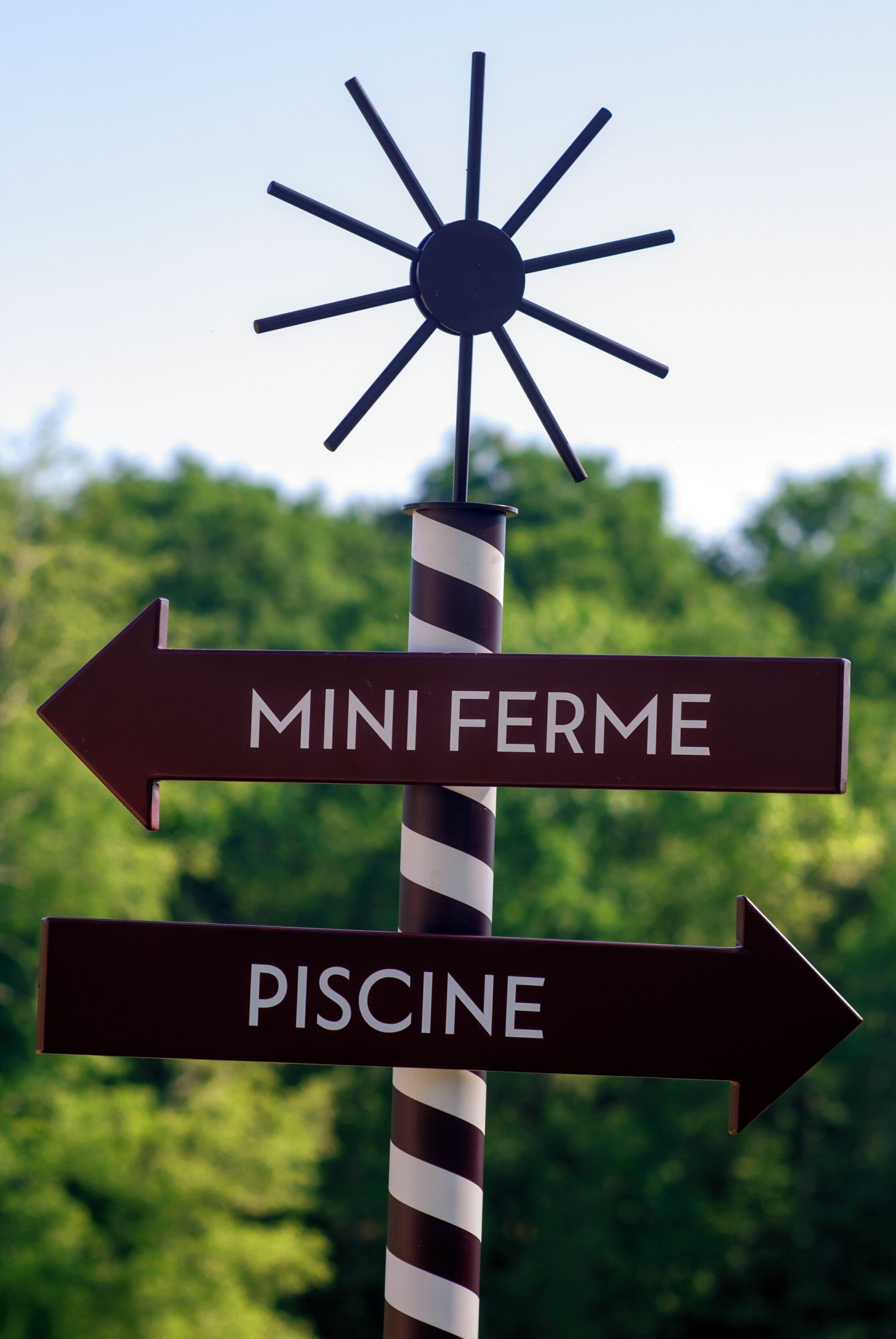 Un panneau de signalisation indiquant la direction, avec des flèches pointant vers « MINI FERME » et « PISCINE ».