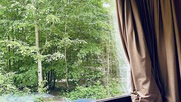 A window with a view of a dense forest, a stack of books on a windowsill, and a curtain partially drawn to the side.
