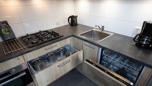 A modern kitchen with a built-in gas stove, oven, dishwasher, and a sink.