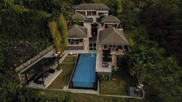 A large house with a swimming pool, multiple rooms, and a well-maintained lawn.