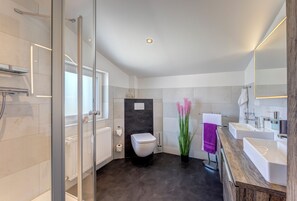 Dusche, Haartrockner, Seife, Toilettenpapier