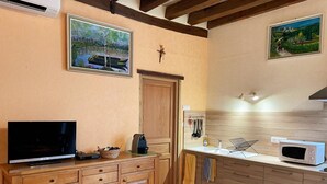 A kitchen with wooden cabinets, a microwave, a sink, and a television on a wooden cabinet. - Cozy cottage with sauna, near Loire castles (Pouillé)