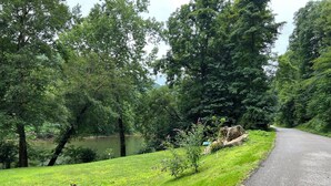 Une route asphaltée qui serpente à travers un paysage verdoyant et luxuriant, avec des arbres et une étendue d’eau en arrière-plan.