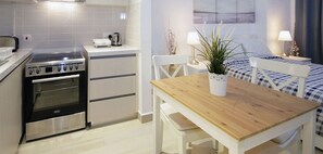 Fridge, microwave, electric kettle, toaster