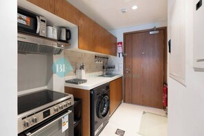 Fridge, microwave, oven, electric kettle