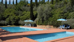A rectangular swimming pool with blue tiles, surrounded by a red tiled deck. There are blue lounge chairs and umbrellas along the poolside. - Comiti Farmhouse - Apt. Sanzio (Montaione)