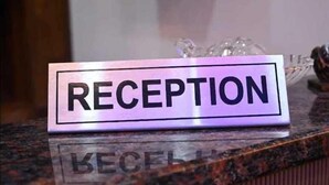 A reception sign on a marble counter. - It's Braj Raj Home Stay  (Mathura)