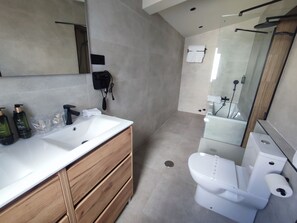 Ducha, secador de pelo, toallas, jabón