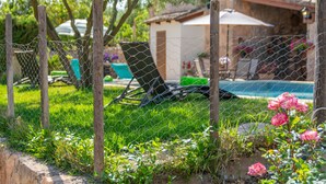 A fenced backyard with a swimming pool, lounge chairs, and a small building. - Can Fiolet in Algaida (Algaida)