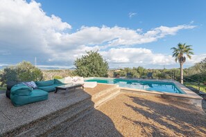 Una piscina con solárium de piedras, un sofá verde y una palmera al fondo.