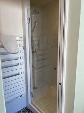 Regadera, secadora de cabello, toallas, papel de baño