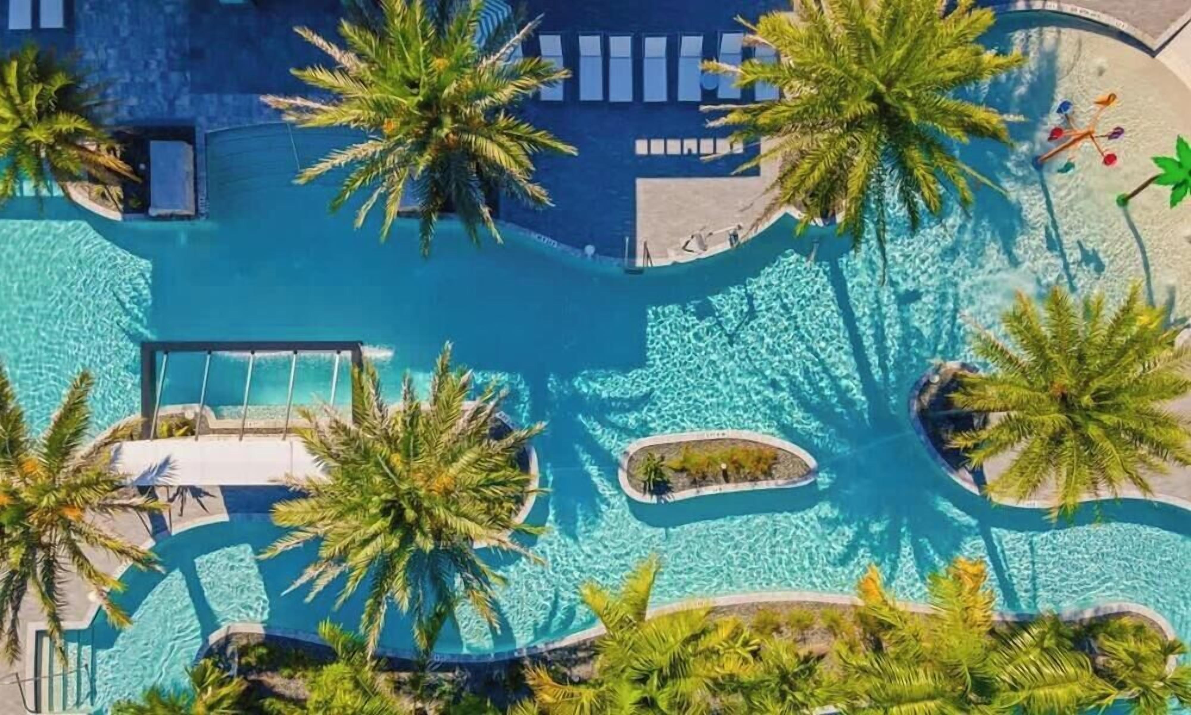 An aerial view of a resort pool area with palm trees, a central swimming area, and a separate pool with a diving board.