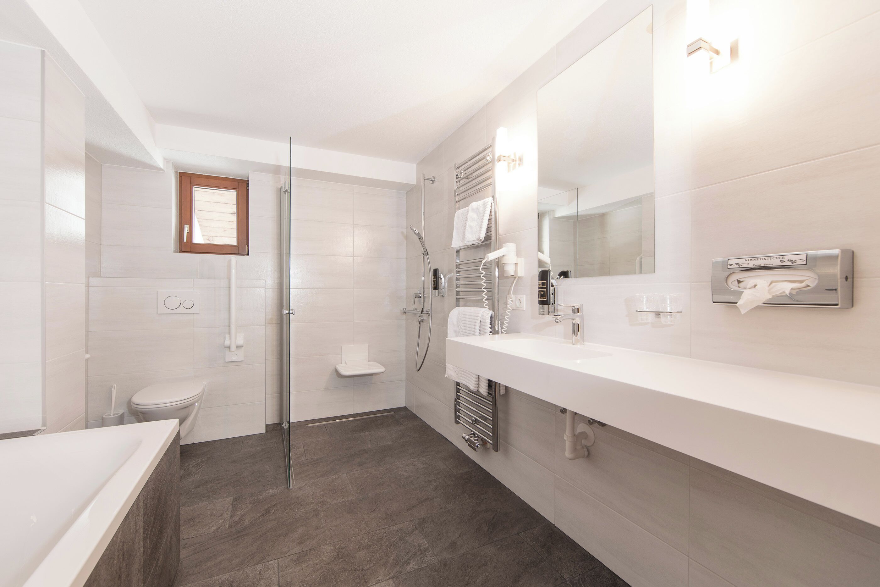 A modern bathroom with a shower, toilet, and a large mirror.
