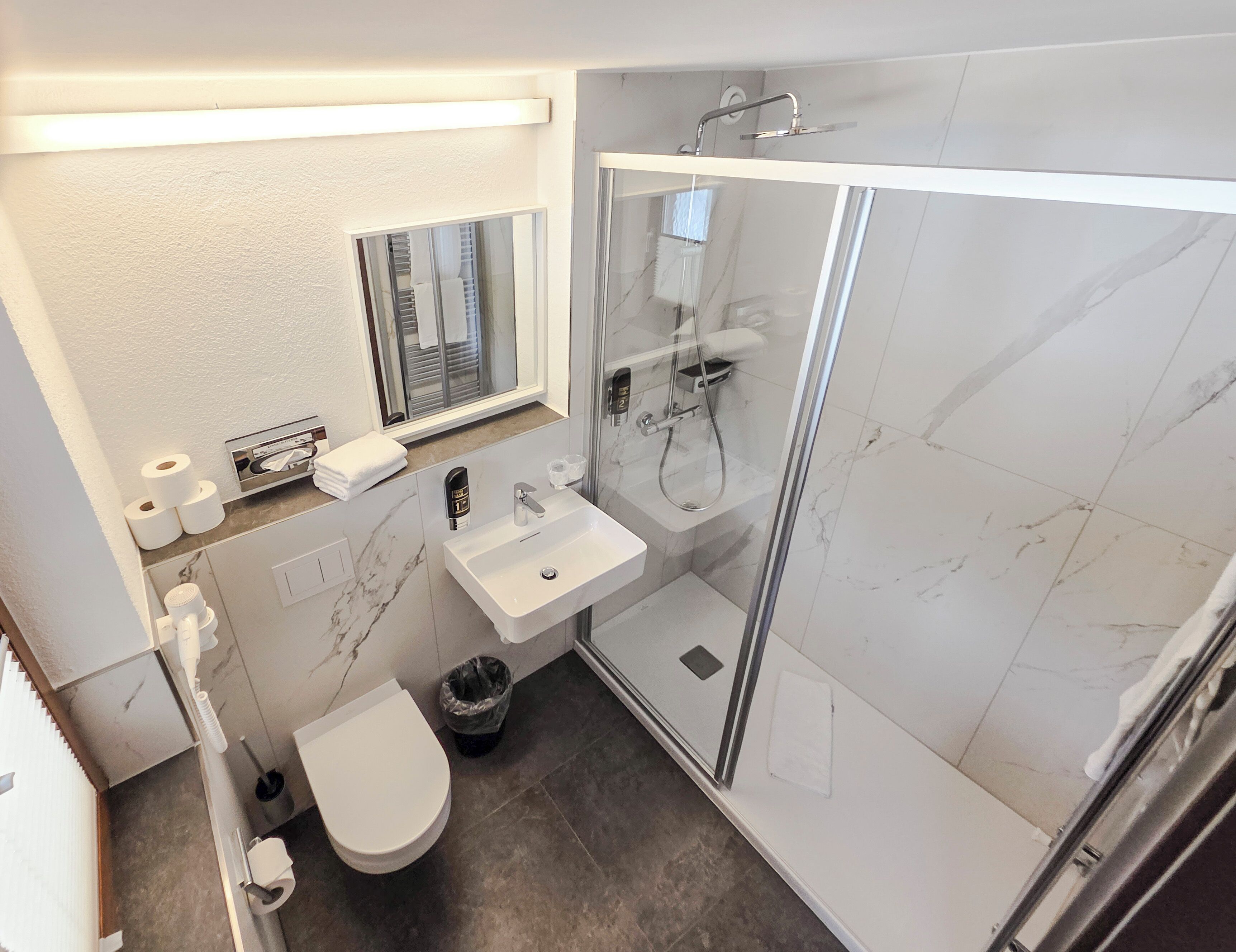 A modern bathroom with a toilet, sink, and glass-enclosed shower.