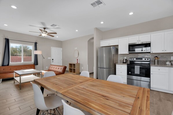 Fridge, microwave, oven, stovetop