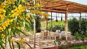 A rustic outdoor seating area with wooden furniture and a pergola structure. - Palais Akbal (Marrakech)