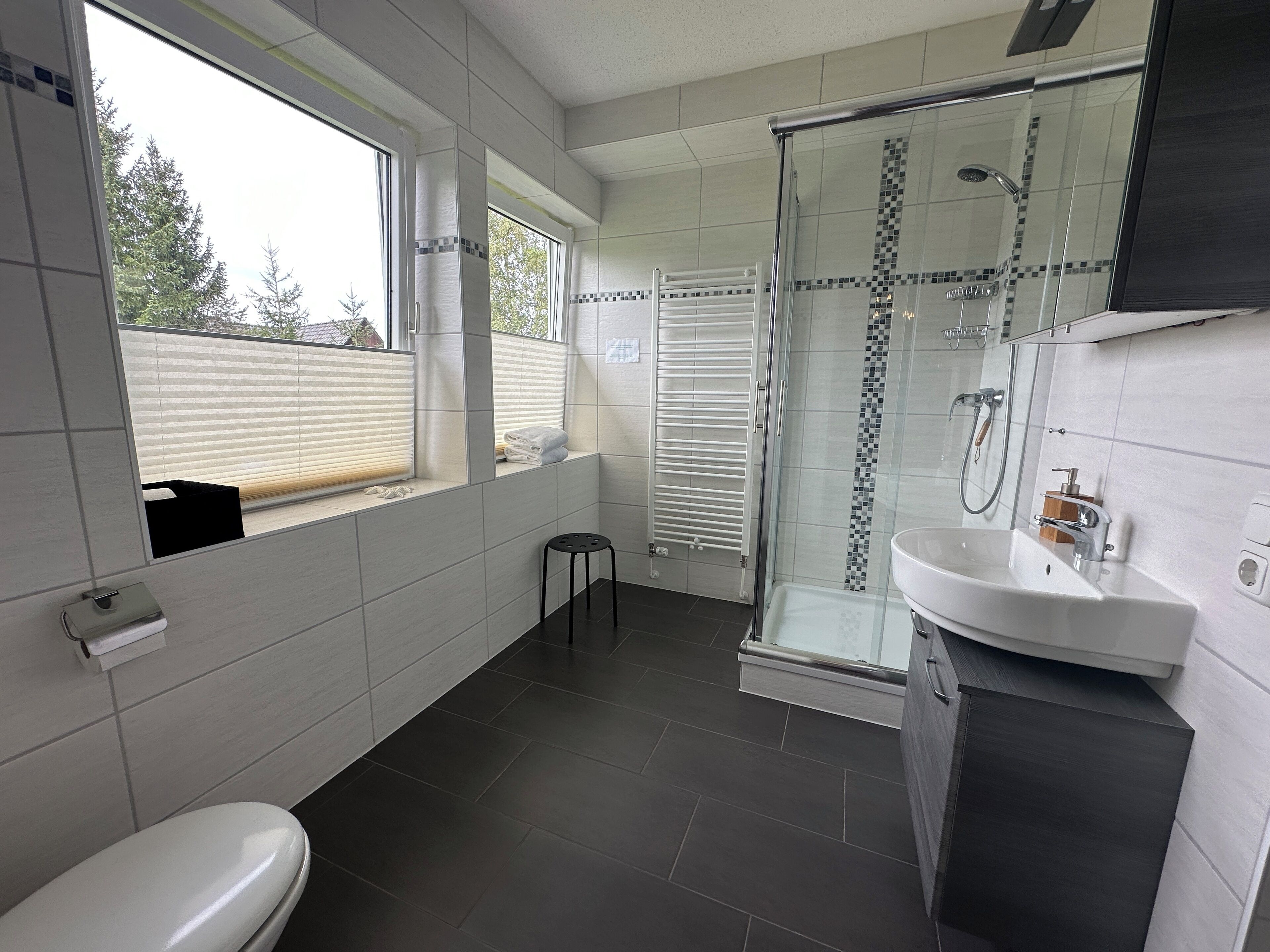Een douche, zeep, toiletpapier