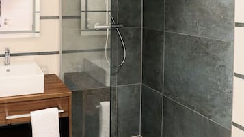 Shower, rainfall showerhead, hair dryer, heated floors