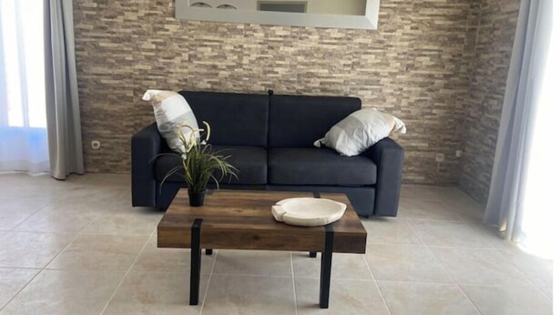 Una sala de estar moderna con un sofá oscuro, dos almohadas blancas, una mesa de centro de madera con un plato blanco y una planta en maceta.