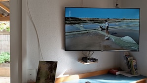 A flat-screen TV mounted on a wall, with a wooden shelf below displaying a remote control, a box, and some magazines. - Gite d'étape Benjamin sur le sentier Cathare (3-person room) (Prugnanes)