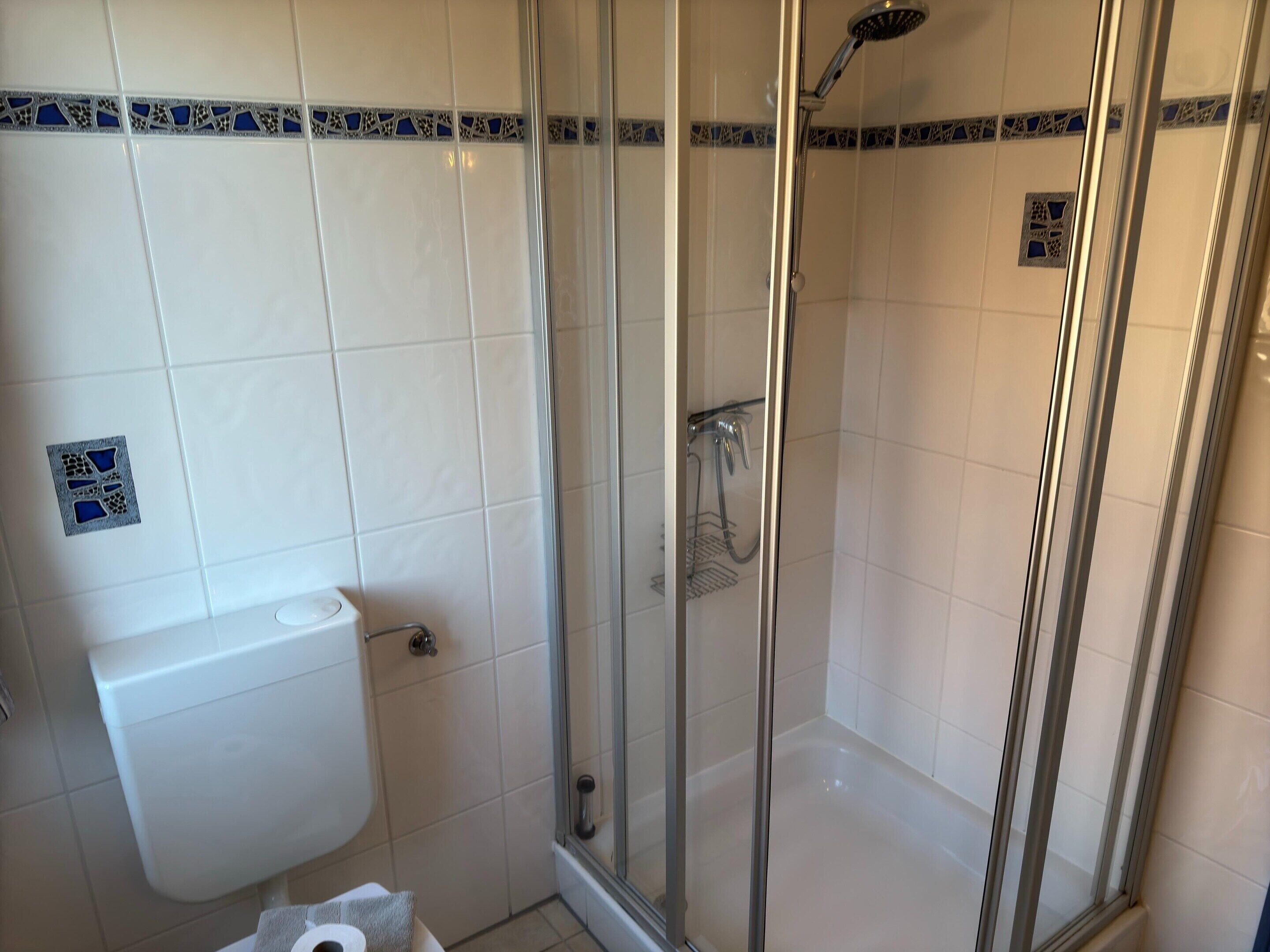 Ducha envuelta en vidrio con ducha de mano y grifo empotrado.