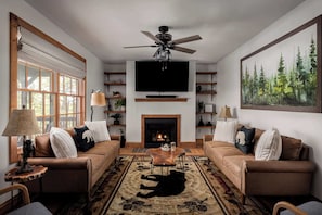 TV, fireplace, foosball, offices