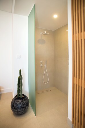 Shower, hair dryer, towels, soap