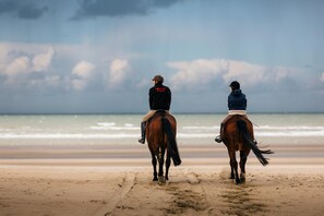 Two people riding horses on a beach with the ocean in the background. - Apartment in De Panne Near the Beach (Koksijde)