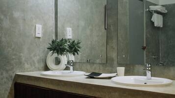 Hair dryer, bathrobes, towels, soap