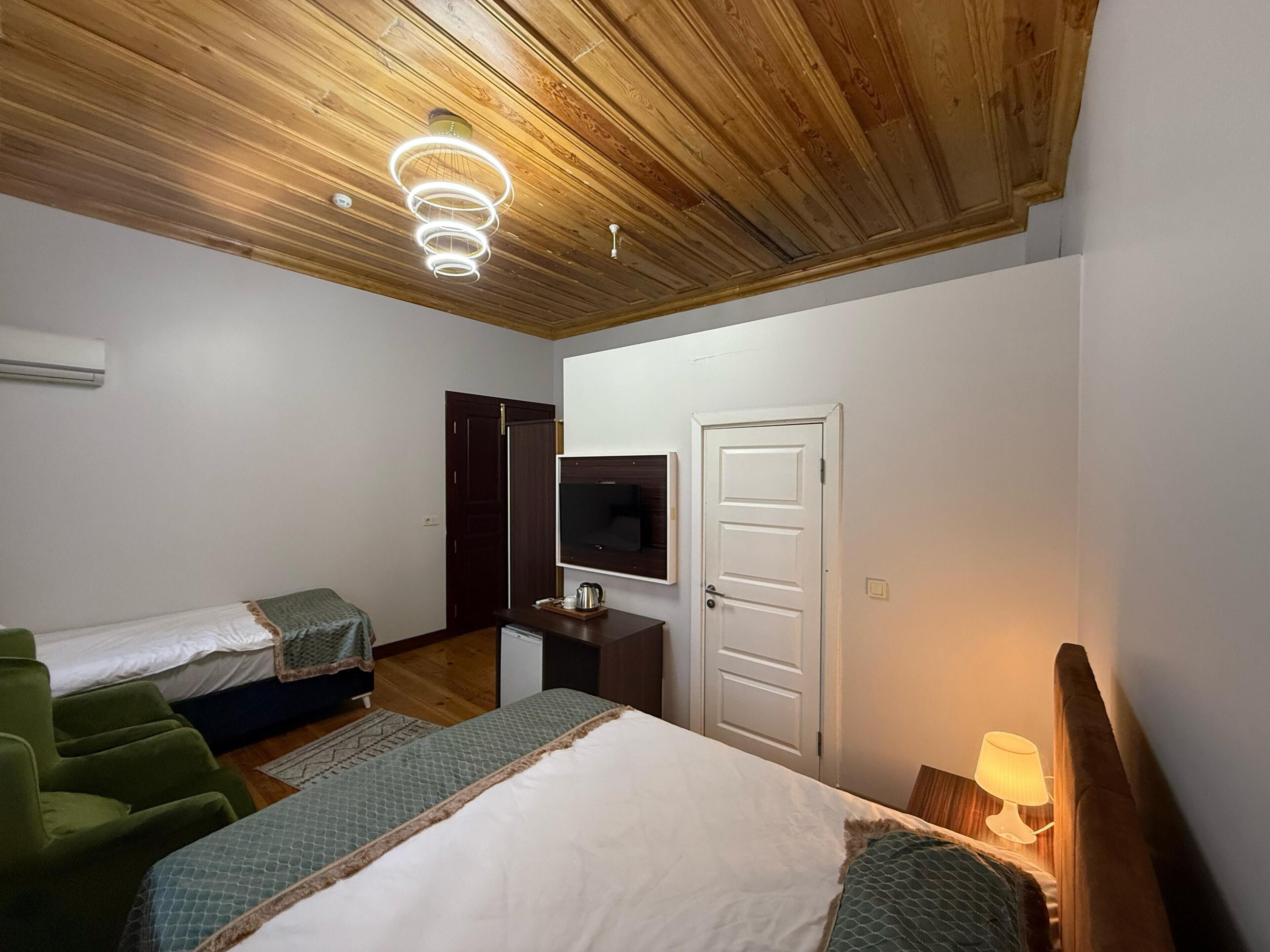 A bedroom with two single beds, a TV, a wardrobe, and a ceiling light fixture.