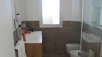 Shower, hair dryer, bidet, towels