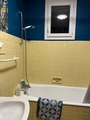 Hair dryer, soap, toilet paper