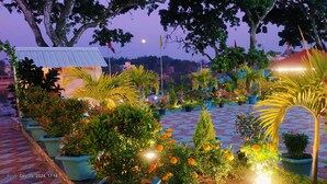 Ein Garten mit Blumentöpfen und Blumen, ein gefliestes Weg und ein Gebäude im Hintergrund.