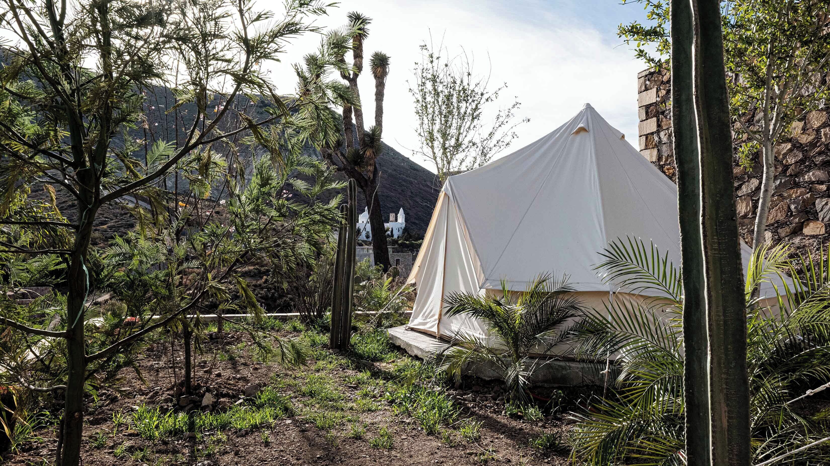 A tent in a natural setting with trees and a mountain in the background.
