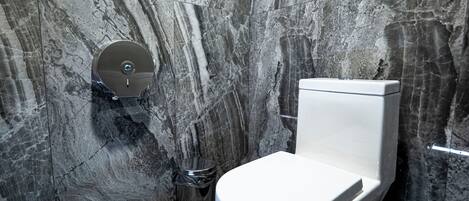 Un baño con inodoro, un cubo de basura y un dispensador de papel higiénico en una pared de mármol.