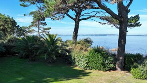 A garden with a view of the sea, featuring a lawn, palm trees, and a stone pathway.