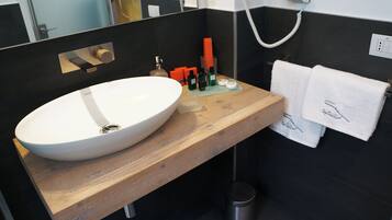 Shower, hair dryer, bidet, towels